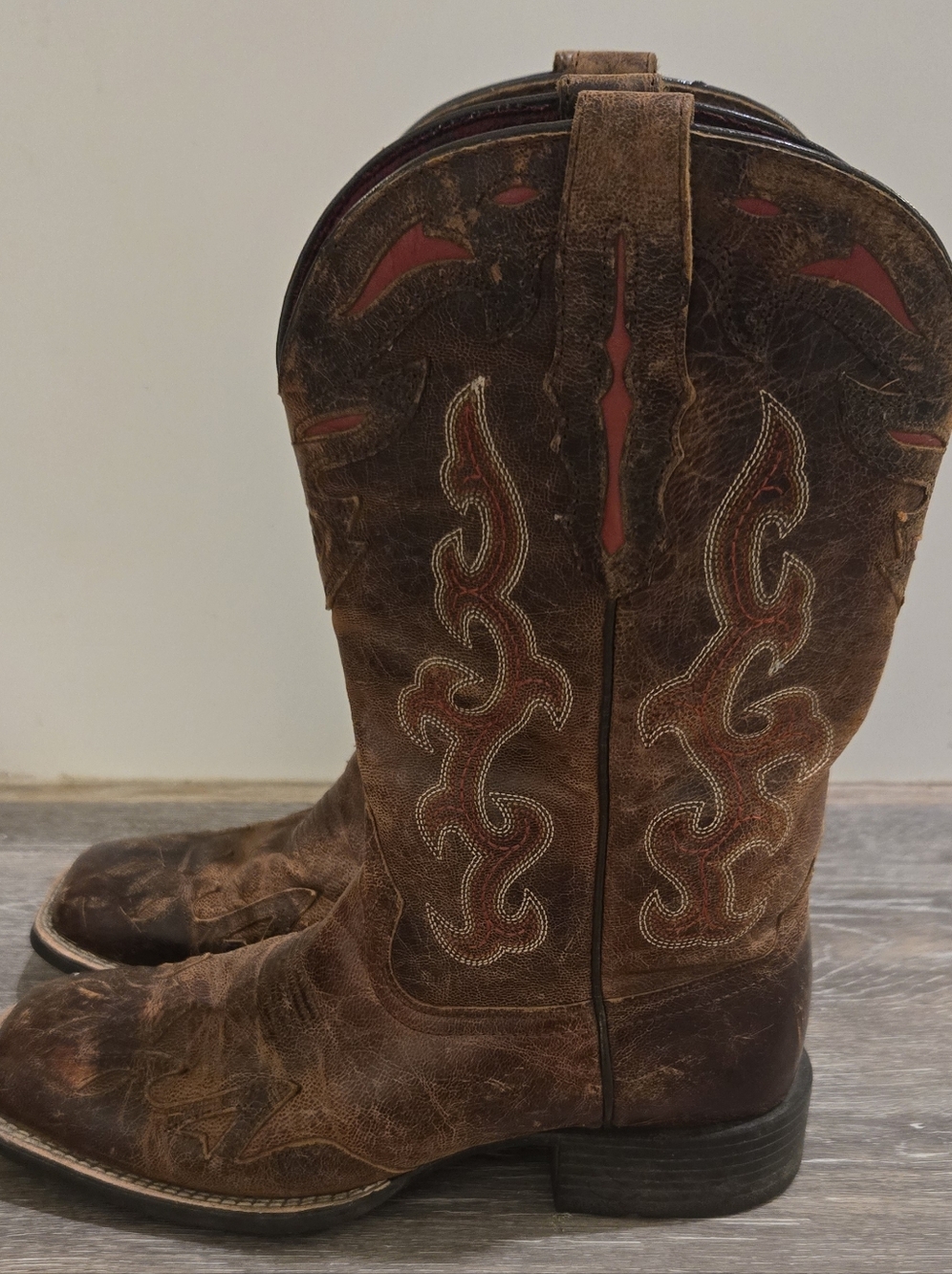 Brown Leather Western Cowboy Boots with Red Accents